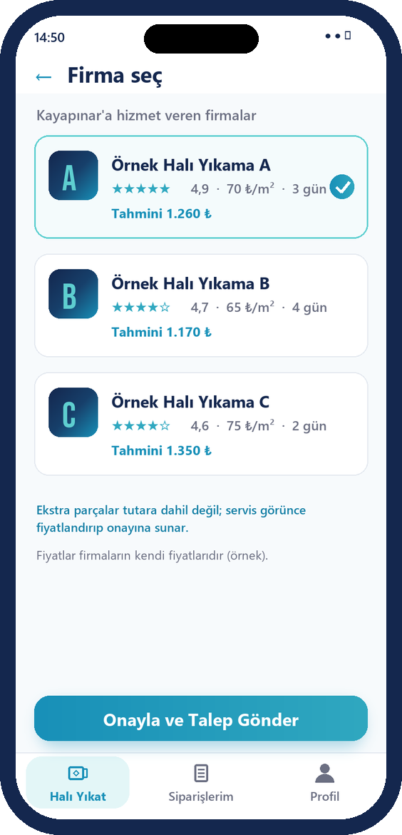 Diyar Halı uygulaması: 2. Firmanı seç