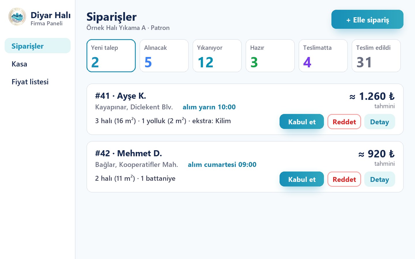 Diyar Halı uygulaması: Firma paneli
